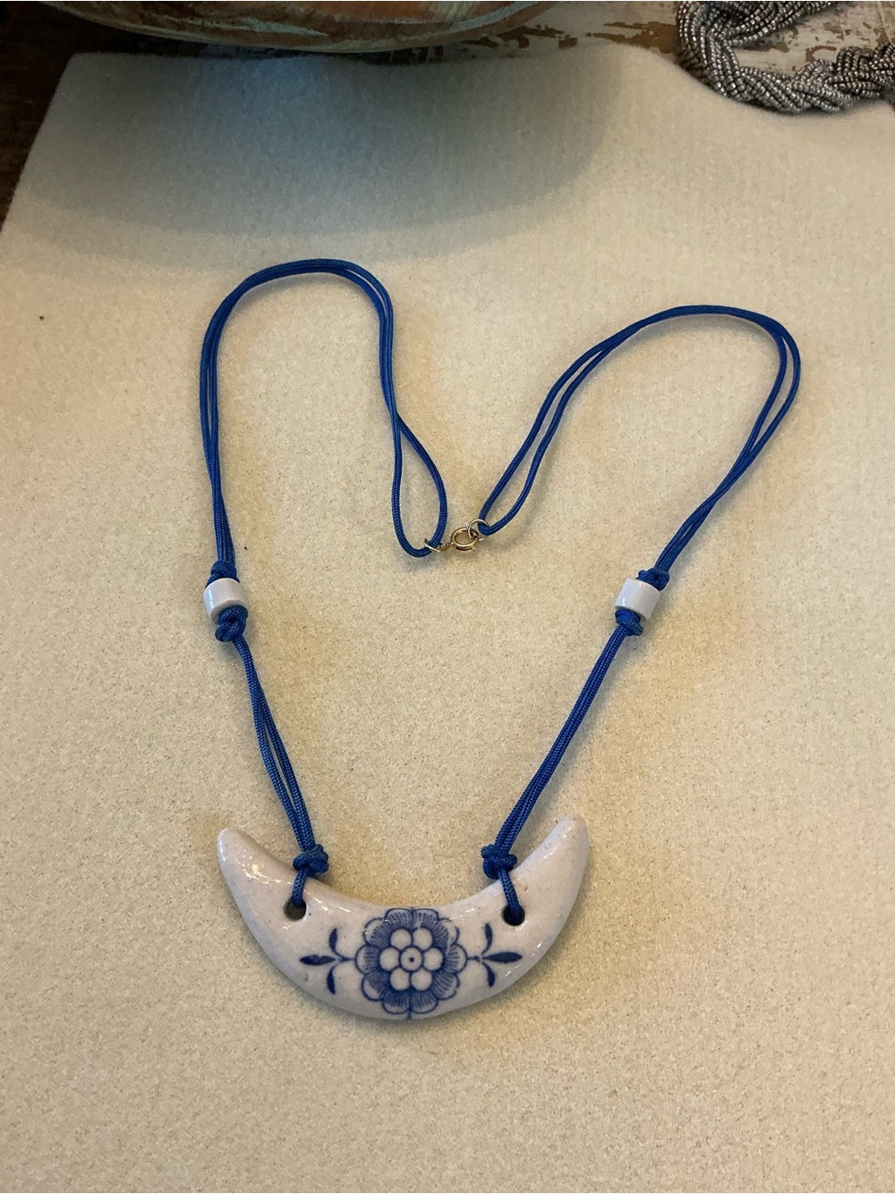 Blue Floral Crescent Pendant Necklace, 26”